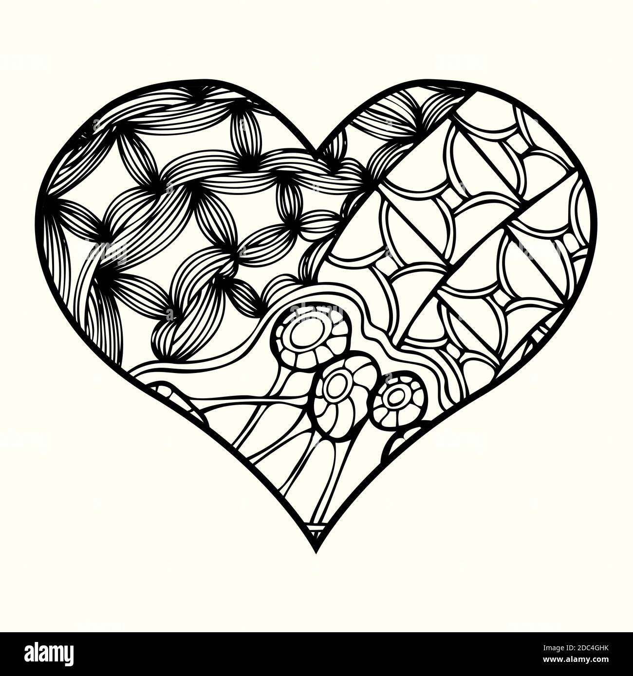Zentangle heart with abstract floral pattern inside. Design element for